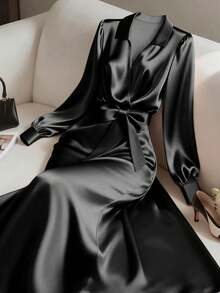 Franclia Women's Elegant Deep V-Neck Bow Tie Midi Dress - Black - View 1