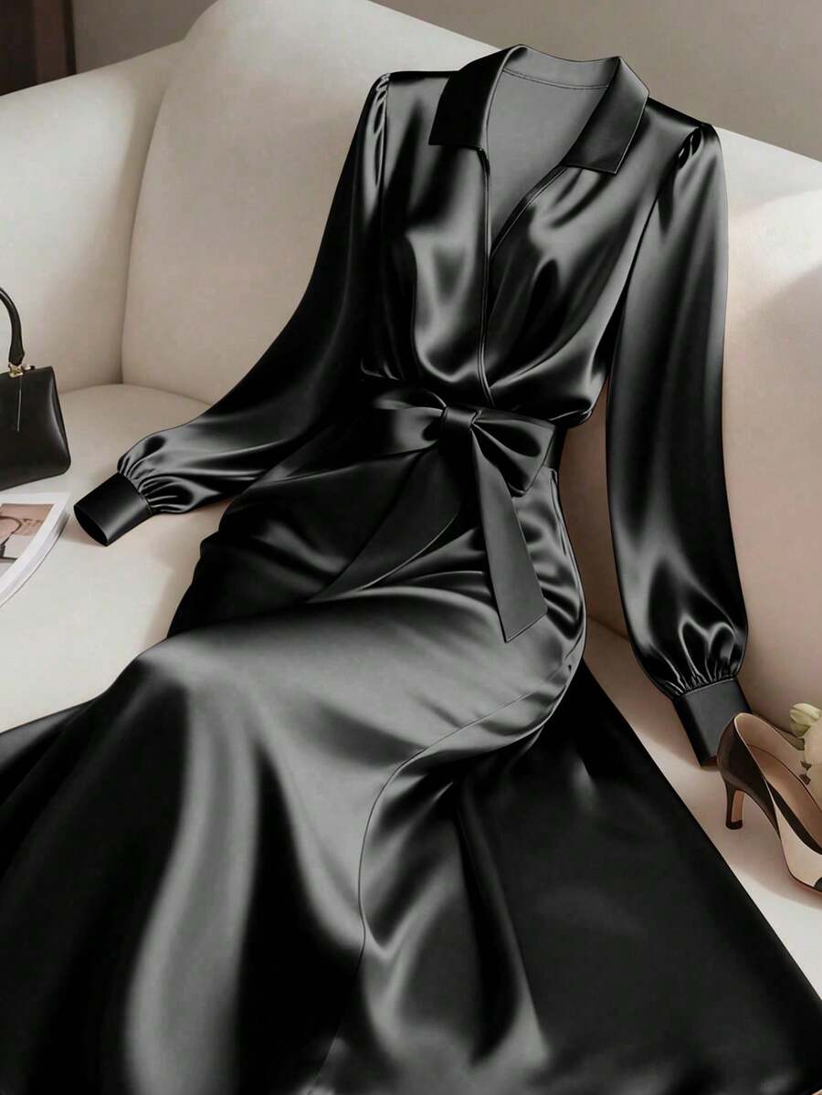 Franclia Women's Elegant Deep V-Neck Bow Tie Midi Dress - Black - View 1