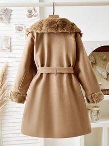 SHEIN 少女优雅大衣，饰有毛绒边，腰间系带，修身剪裁，长款设计，适合通勤和户外活动，采用奢华提花面料，高端时尚外套。