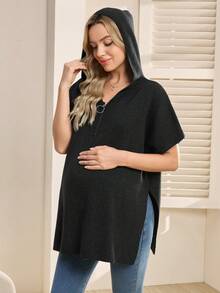 SHEIN Chaleco de maternidad, corte holgado, diseño con capucha con cremallera, bajo con abertura y mangas de murciélago, para uso casual diario - Negro - Ver 7