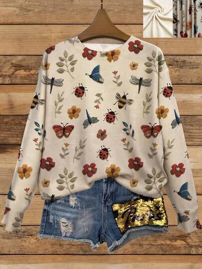 EMERY ROSE Blusa de manga larga con cuello redondo, estampado de insectos y flores, adecuada para primavera y otoño