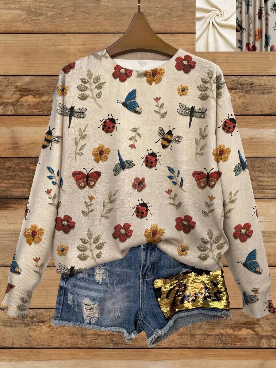 EMERY ROSE 女士昆虫与花卉印花长袖休闲圆领上衣，适合春秋季节