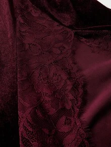 Viva Relle 大码女式春秋季丝绒拼接蕾丝露肩荷叶边高腰弹力面料高开衩连衣裙，优雅新年装扮 - 紅色 - 查看 7