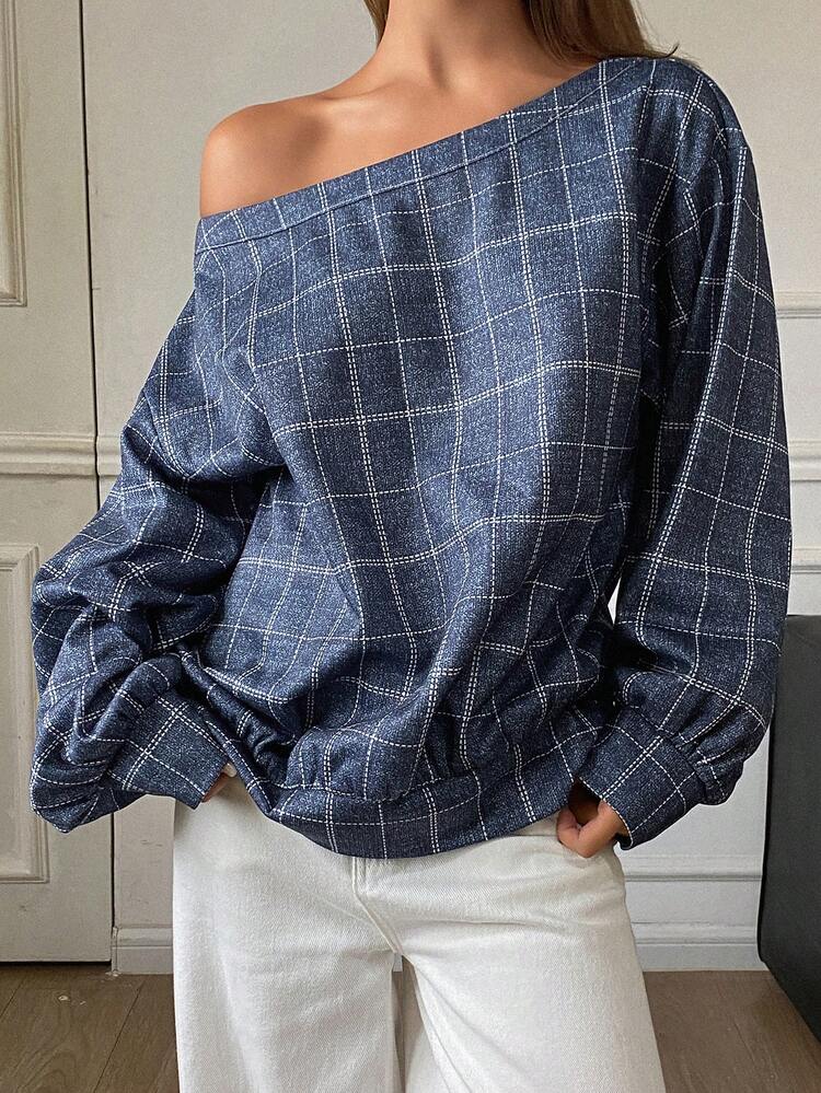 Women's Casual Plaid Crew Neck Sweatshirt, Autumn