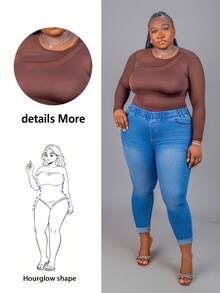 CurvyTilda 1 件大码女式黑色圆领性感透视镂空网眼撞色不对称紧身衣，秋冬 - 咖啡棕 - 查看 8