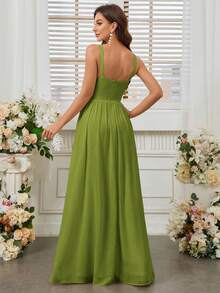 SHEIN Belle Halter High Slit Waist Bridesmaid Dress (Adult) - Olive Green - View 3