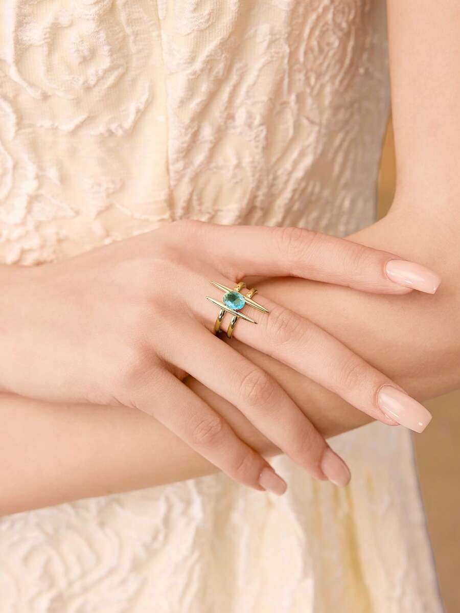 MOTF PREMIUM Anillo decorativo elegante con diseño geométrico curvo enchapado en oro de 18K - Azul - Ver 1