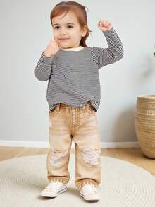 SHEIN Playful Pals Baby Girl All-Match Minimalist Versatile Distressed Washed Straight Leg Jeans Baby Boy Babygirl Jeans Baby Ripped Jeans Toddler Baggy Jeans - Khaki - View 2