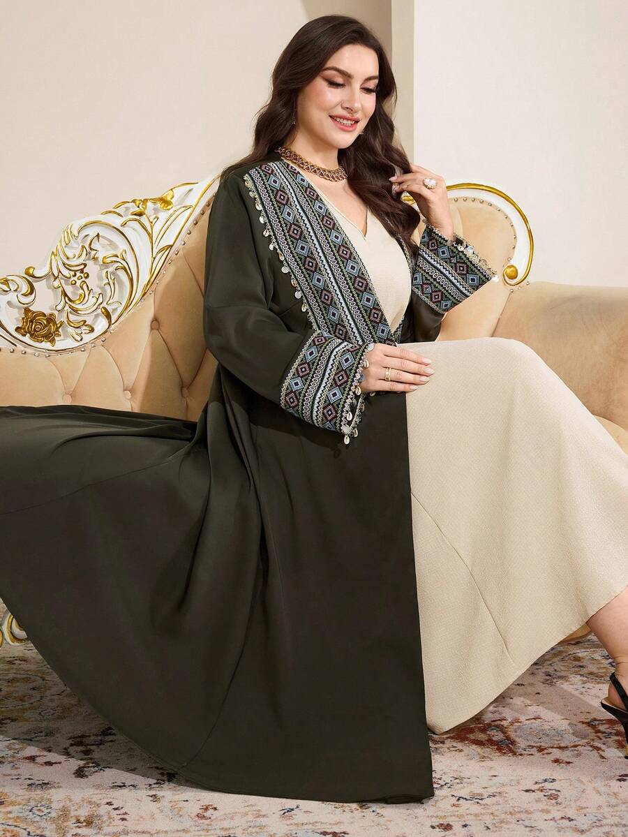 Al Najma Plus Size Women's Vintage Style Printed Long Sleeve Abaya - Grey - View 1