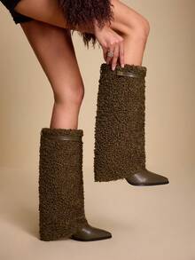 Daringsoles Women's Pointed Toe Chunky Heel Suede Western Boots With Fringe, Slim Fit Tall Boots For Christmas - Khaki - View 5