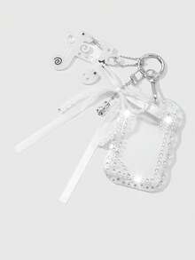 ROMWE Kawaii 1 chiếc móc khóa/giá đỡ thẻ sinh viên/thẻ ID thủ công theo phong cách Gothic tối giản Y2K, đính hạt cườm bạc, nơ ruy băng hình trái tim, dây bện bằng acrylic đen, thích hợp cho nhân viên văn phòng, sinh viên, sử dụng hàng ngày, làm quà tặng ngày lễ, Halloween. - Màu trắng - 93 - Xem 2