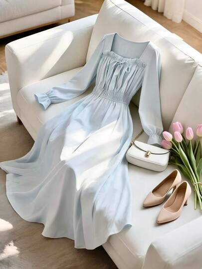 Franclia Vestido elegante de unicolor con volantes, lazo delantero y pliegues