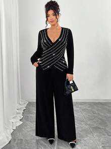 EMERY ROSE Plus Size Soft Knit Ribbed Fabric Criss-Cross Long Sleeve T-Shirt + Soft Ribbed Wide Leg Pants Casual Homewear 2 Pieces Set - Black - View 6