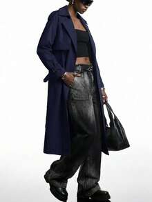 LYSMO 女式休闲纯色双排扣风衣，秋季 - 藏蓝色 - 查看 3