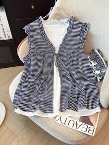 GlowEve CURVE Áo sơ mi không tay buộc dây 2 trong 1 kiểu chắp vá mới, cỡ lớn. - Màu xanh lam - Xem 1