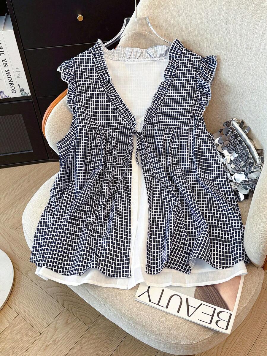 GlowEve CURVE Áo sơ mi không tay buộc dây 2 trong 1 kiểu chắp vá mới, cỡ lớn. - Màu xanh lam - Xem 1