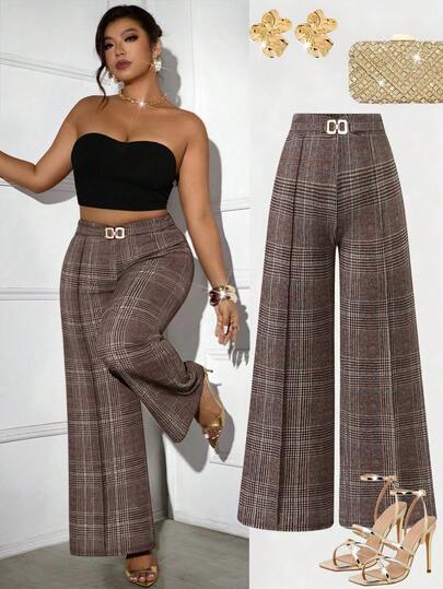 Femmeverse Plus Size Casual Vintage Plaid Loose Wide-Leg Pants, Autumn