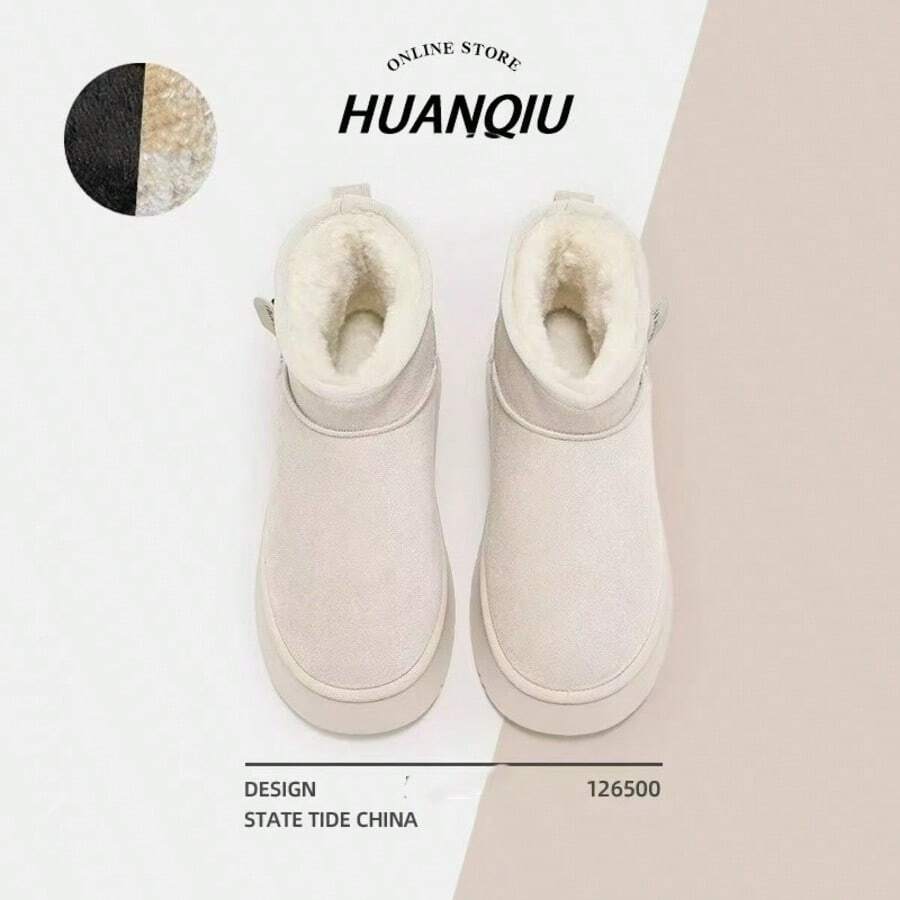 Botas de nieve retro de felpa para mujer 2025 otoño nuevos zapatos de algodón de moda de suela gruesa botas casuales versátiles - Beis - Ver 1