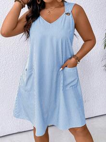 EMERY ROSE Đầm mùa hè cỡ lớn, kiểu dáng thường ngày, kẻ sọc, có chi tiết vòng, không tay. - Màu xanh lam - Xem 5