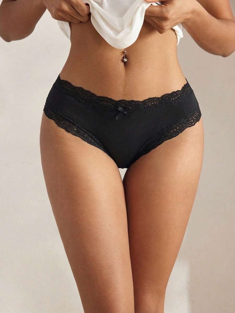 Ocili 100%纯棉舒适简约光滑蕾丝边女士内裤 - 黑色 - 查看 1