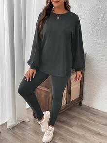 SHEIN LUNE 2pcs Plus Size Solid Color Round Neck Long Sleeve Top And Skinny Ankle Length Pants Set Winter Clothes 2 Pieces Casual Sets Woman - Dusty Blue - View 3