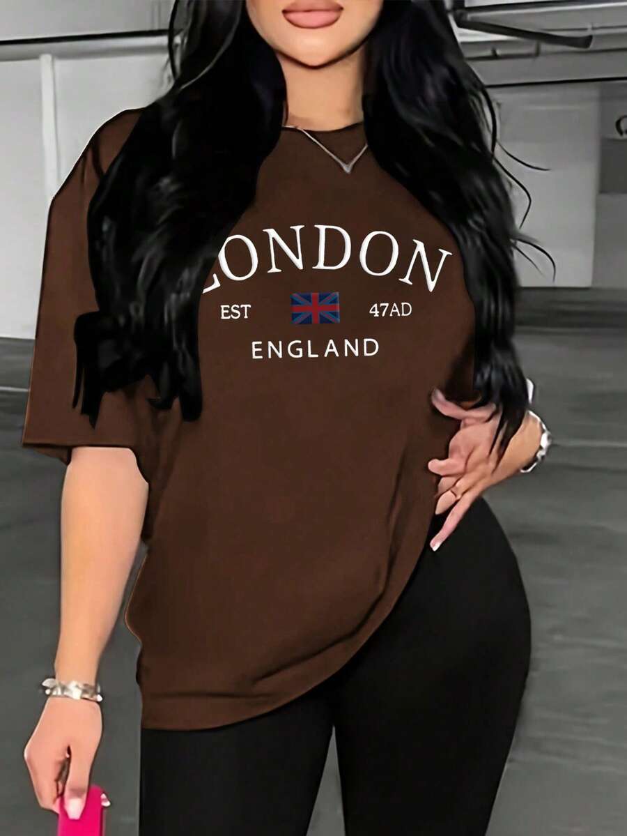 SHEIN 时尚休闲新款卡其色短袖豹纹蝴蝶印花女式T恤 - 棕色 - 查看 1