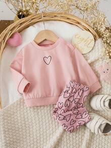 Conjunto de sudadera de manga larga con estampado de corazón y pantalones de cintura elástica para bebé niña recién nacida - Rosa - Ver 9