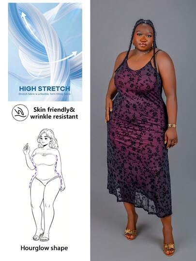 CurvyTilda Plus Size Women Floral Flocked Fish Tail Sling Net Yarn Dress, For Hourglass Body Shape, For Body Shape, For Summer