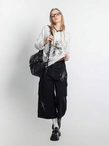 Bloopia Áo nữ tay dài dáng rộng, in họa tiết retro, phong cách thường ngày. - trắng - Xem 1