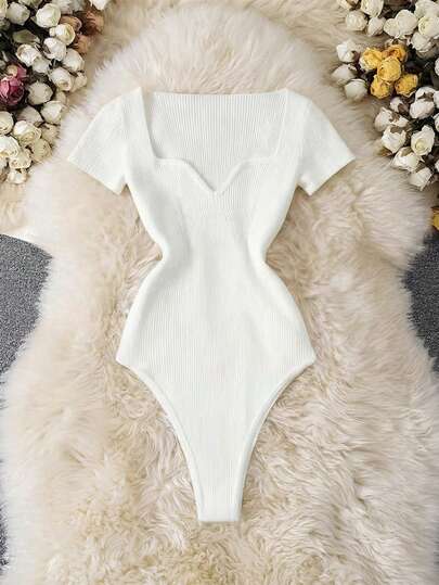 Franclia Enfärgad minimalistisk kortärmad stickad jumpsuit för kvinnor, vardagsbruk