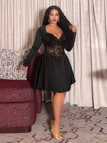 Slaydiva 2025 Herbst/Winter Neues elegantes & Party & Date & Abend & Abschluss & Hochzeit & Geburtstag & Valentinstag & Treffen & Junggesellinnenabschied sexy Mini-Kleid, figurbetontes einfarbiges Schwarz, tiefer V-Ausschnitt Langarm, transparente Spitze Patchwork Taille Krawatte, ausgestellter Saum, Große Größen - Schwarz - Übersicht 3