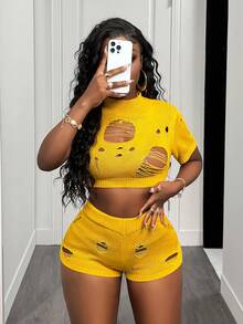 BamGleam 女士黄色短袖露脐做旧休闲针织短裤套装 - 黃色 - 查看 6