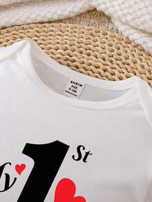 SHEIN 女婴常规肩短袖字母印花休闲连体衣 - 白色 - 查看 3