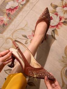 CUCCOO TILAWA Zapatos de tacón elegantes y de moda decorados con rhinestones para fiestas - Marrón - Ver 1
