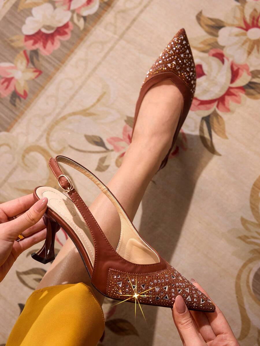 CUCCOO TILAWA Zapatos de tacón elegantes y de moda decorados con rhinestones para fiestas - Marrón - Ver 1