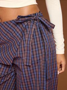 COUREZ Fustă neagră Skouser cu picior larg, pantaloni suprapuși, din material ușor în carouri / Haine de toamnă Y2K, haine de iarnă, streetwear, pantaloni supradimensionați cu legături laterale - cafea maro - Vizualizare 8