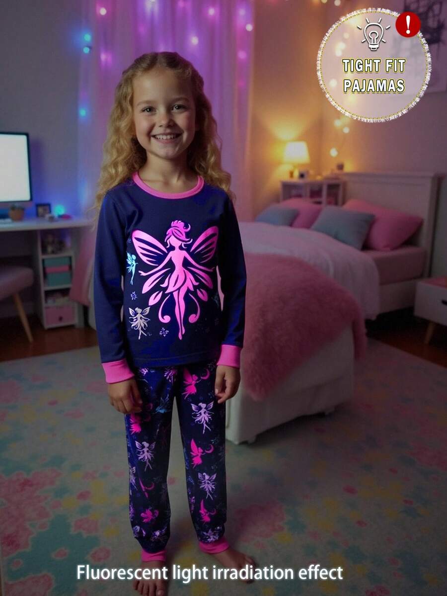 Snug Fit Pajama Set For Young Girl,  Dark Blue Pink Blue Dreamy Fairy Glow-In-Dark Fiber Fitted Loungewear 2-Piece Combo Dreamy Fairy Wings Stars Glow-In-Dark Design Dark Blue Pink Blue Fairy Color Round Neck Long Sleeve Dreamy Fairy Top Glow-In-Dark Fiber Fitted Pants Fiber Set 2-Piece Combo Social Media Style Dreamy Fairy 2026 New Year Holiday Essential Spring Summer Autumn Winter Little Girls Dreamy Fairy Glow-In-Dark .This Product Requires UV Light Exposure To Glow.