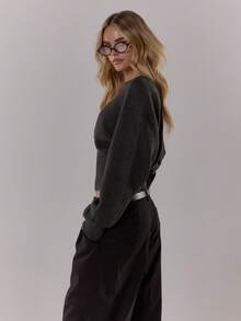 MUSERA Fitted Cinched Waist Balloon Batwing Sleeve Knit Sweater Winter Night Out Going Out Streetwear Cute Back To School Sexy Evening Party Elegant Spring - Dark Grey - View 4