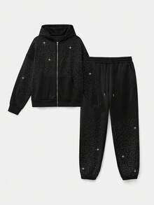 Manfinity VCAY Men's Hooded Sweatshirt Set Relaxed Fit Stylish Rhinestone Gradient Embellishment Two Pieces Sweatshirt Set - Black - View 13