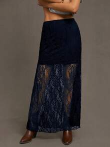 Siren Gaze 女士性感野花蕾丝拼接轻盈透气长款夏季裙 - 藏蓝色 - 查看 3