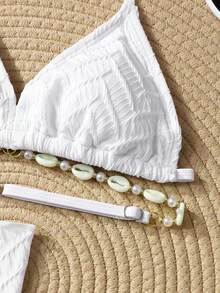 SHEIN Tween Girl 3 PiecesSwimsuit Set: White Textured Knit Camisole, Swim Shorts, And Wrap Skirt - White - View 5