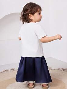 女婴肖像印花圆领短袖T恤和碎花裙套装 - 藍色 - 查看 7