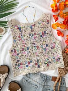 Travachic 女士夏季度假圆领贝壳边饰网纱针织上衣，女士度假休闲套装，适合夏季假期、春假、派对、海滩、春季、情人节、女士情人节、狂欢节服装，优雅，花卉图案，狂欢节，春夏交替，派对，夏季上衣，情人节上衣，女士婚礼宾客上衣，生日上衣，派对上衣，女士优雅上衣，夏季上衣，狂欢节服装，女士墨西哥风情波西米亚风上衣 - 彩色 - 查看 2