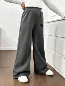 SHEIN Pantalones con forro térmico para niñas preadolescentes, adecuados para deportes al aire libre en otoño/invierno - Gris Oscuro - Ver 3