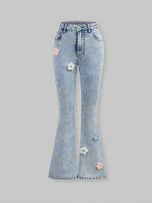 SHEIN ChillGRL Quần jeans ống loe cạp cao màu xanh bạc retro cho bé gái, quần ống loe denim dáng ôm co giãn với thiết kế gấu quần tua rua, thích hợp cho những buổi đi chơi thường ngày và hoạt động ngoài trời. - Rửa nhẹ - Xem 6