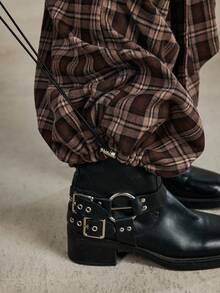 ROMWE EDITION Y2K Vintage Distressed Plaid Wide Leg Maxi Pants For Women - Brown - View 8