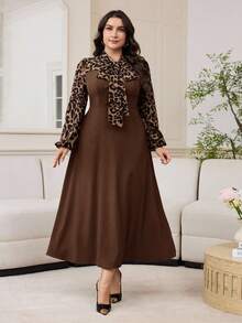 Modelyn Plus Size Women Leopard Print Tie Collar Lantern Sleeve Elegant Dress Formal Evening Tea Party Office Chocolate Brown Autumn Fall - Brown - View 5