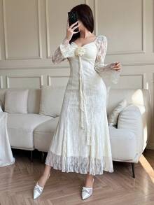Feyla Women's Solid Color Minimalist Lace Patchwork Long Sleeve Dress, Casual Everyday Wear - Apricot - View 5