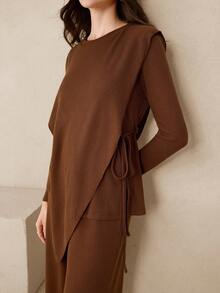 Graceveil Loose Casual Solid Color Knit Design Long Sleeve Top And Comfortable Long Pants Women's Arabic Style Set - Coffee Brown - View 4