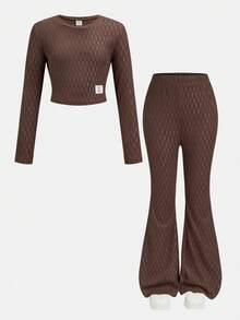 SHEIN 两件套少女休闲套装 - 圆领长袖T恤+喇叭裤，秋冬套装 - 棕色 - 查看 2